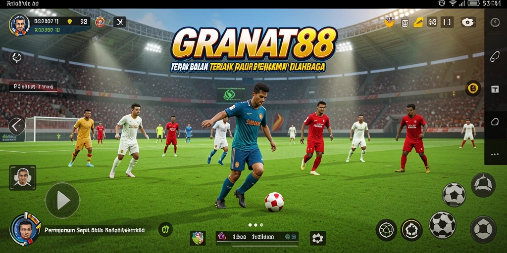 Screenshot gameplay yang menampilkan aksi sepak bola yang intens.