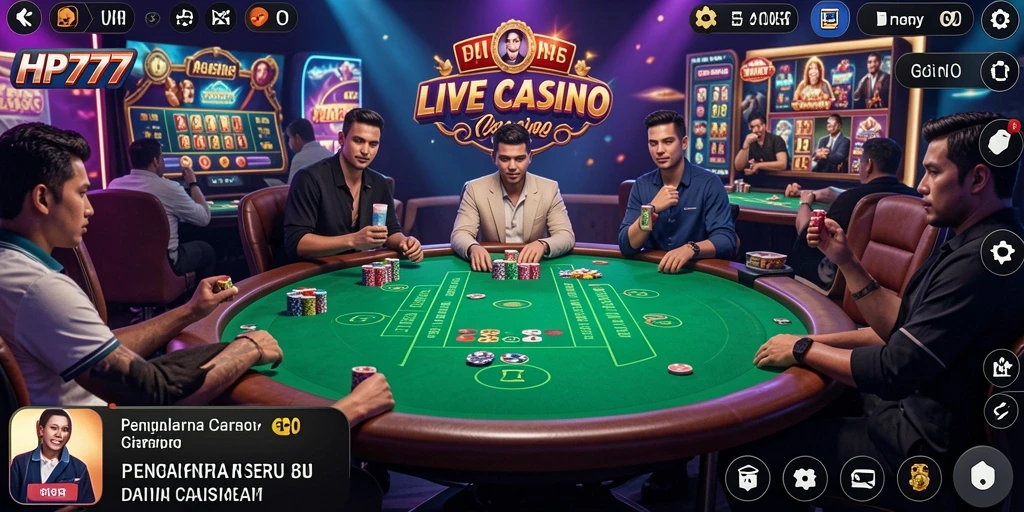 Gameplay HP777 yang menampilkan dealer langsung di Live Casino.