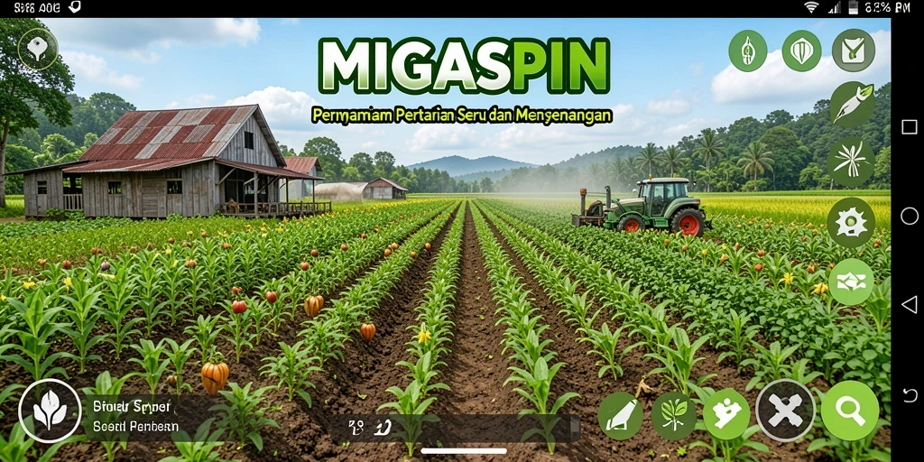 Screenshot utama MIGASPIN menunjukkan gameplay pertanian yang menarik dan interaktif.