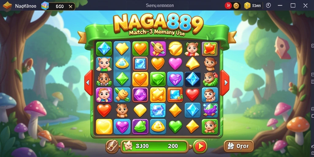 Tangkapan layar NAGA889 menunjukkan gameplay Match-3 yang seru dan penuh warna.
