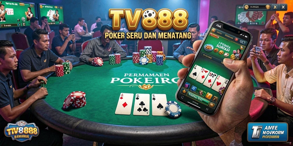 Tampilan gameplay TV888 yang menarik dengan suasana poker yang mendebarkan.